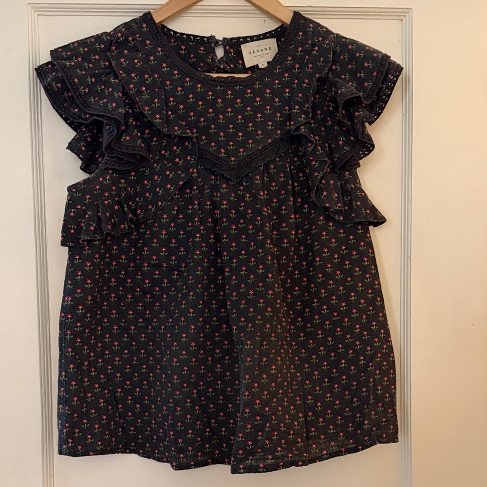 Sezane Black Floral Ruffle Camisole